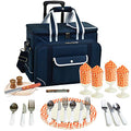 Picnic at Ascot- Original Insulated Picnic Cooler on Wheels with Service for 4- Designed & Assembled in The USA - color: Navy/Orange