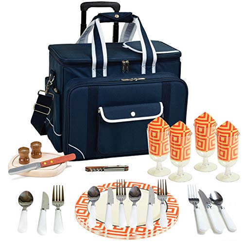 Picnic at Ascot- Original Insulated Picnic Cooler on Wheels with Service for 4- Designed & Assembled in The USA - color: Navy/Orange
