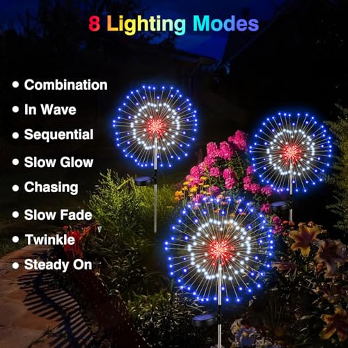 Lewondr 4th of July Firework Solar Garden Lights, Red Blue White Solar Firework Lights with 120 LED 2 Lighting Modes, Outdoor Waterproof Yard Lighting for Independence Day Memorial Day Decor, 4 Pack - size: 4 Pack, style: Firework