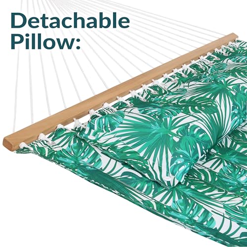 Sunnydaze Quilted Double Hammock for Outside with Spreader Bars and Pillow - 450 lb Capacity, 74x55 Inch Bed, UV Resistant, Quick Dry - Chains Included, Stand Sold Separately - Green Palm Leaves - color: Green Palm Leaves