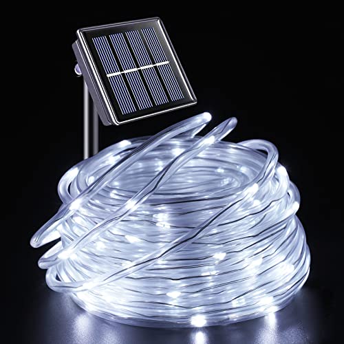 YEGUO Solar Rope Lights Outdoor Waterproof, 66ft 200 LED White String Lights, 8 Modes Fairy Lights in Clear Thin Tube - color: White