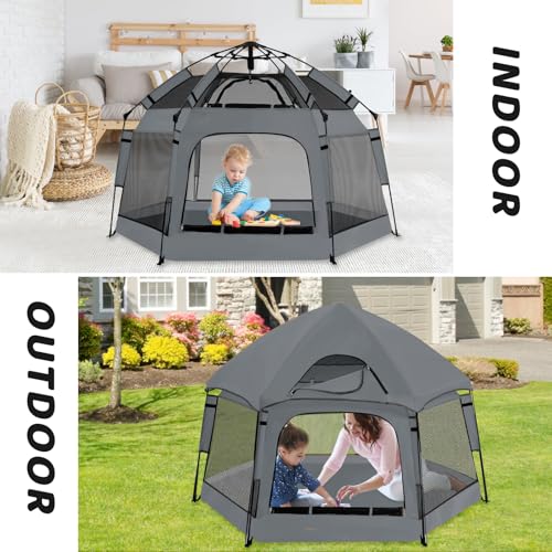 Instant Pop Up Baby Playpen with UV Canopy & Safety Lock, Portable Outdoor Beach Tent Play Yard for Toddlers, Breathable Mesh & Carry Bag, Indoor & Backyard Use (Grey) - color: Grey