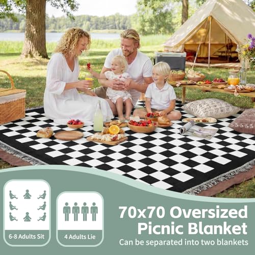 2 in 1 Extra Large Boho Beach Blanket Towel Picnic Mat Adult Men Guy Him Brother Dad Boyfriend Uncle Niece Best Friend Friendship Grandpa Grandfather Husband Son in Law Happy Birthday Cool Unique Gift - color: Checkered Black