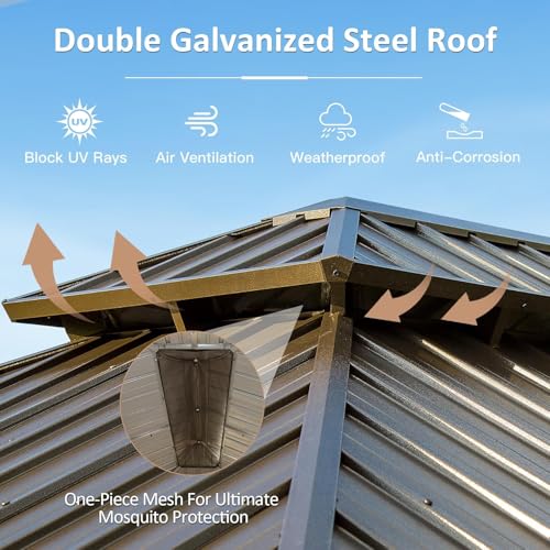 Domi 12' X 20' Hardtop Gazebo, Upgraded Metal Gazebo with Drainage System, Dual-Layer Galvanized Steel Roof, Curtain and Netting, Outdoor Shelter Canopy for Patio, Garden, and Backyard, Brown - color: Brown, size: 12'x20'/w gutter
