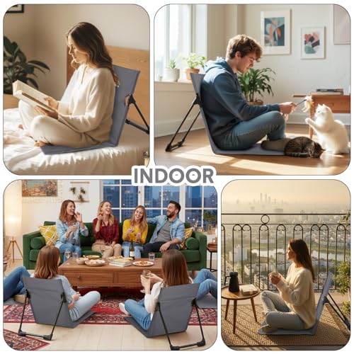 Jetec Foldable Floor Backrest Chair Portable Camping Chair with Storage Bag Light Weight Lazy Seat for Indoor Outdoor Bed Ground Park Lawn Concerts Beach Hiking - color: Grey, size: Regular