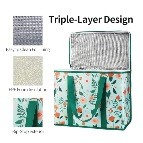 Bodaon 4-Pack Cooler Insulated Food Delivery Bag, X-Large Bags for Grocery/Catering/Shopping, Rideshare Delivery Bag, Thermal Hot Pizza, Large Cold and Frozen, XL Tote, Flower - color: Flower, size: X-Large