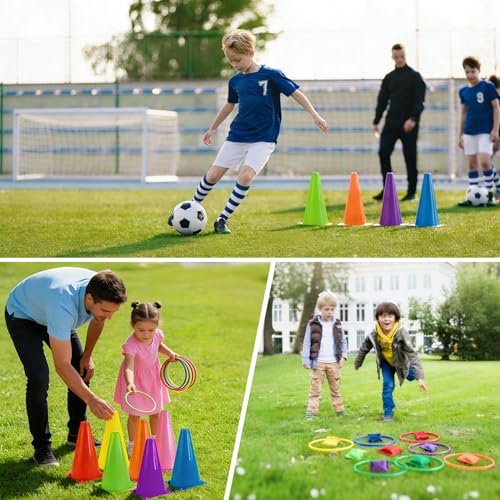3-in-1 Ring Toss Game Set with Cones, Bean Bags and Rings, 34 Pieces, Multicolor Plastic Carnival Games for Kids Birthday and Family Party, Outdoor Yard Game