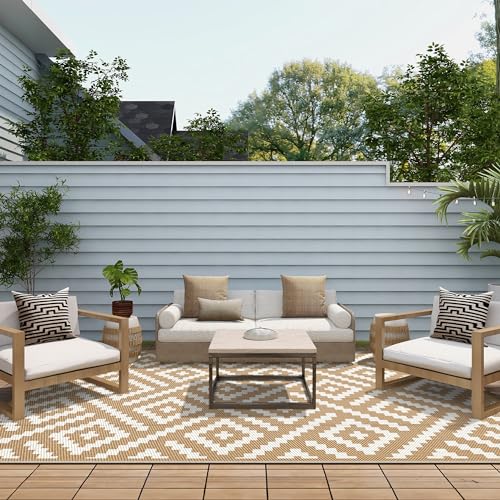 GENIMO Outdoor Rug for Patio Clearance, 6'x9' Waterproof Camping Mat, Reversible Plastic Straw Rugs for RV, Camper, Balcony, Backyard, Picnic, Deck (Brown & White) - color: Brown&white, size: 6' x 9' (Rectangular)