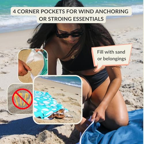Plush Microfiber Beach Blanket, Extra Large Beach Mat for 3-6 Persons, Sandproof, Windproof | Hole for Umbrella, Corner Sand Pockets to Fight Wind (Bag for Blanket Included) - color: Teal & Dots, size: X-Large