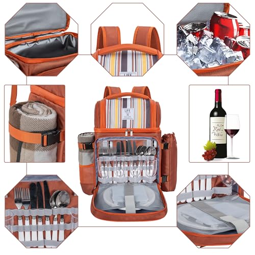 Picnic Backpack for 4 Person with 2 Insulated Leakproof Cooler Compartment, 4 Cutlery Sets, Wine Holder, Fleece Blanket, Perfect for Beach, Camping, Hiking, Brown