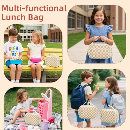 Insulated Lunch Bag for Girls & Boys, Kids & Teens – Cute Checkered Lunch Box with Side Pockets, Buckle Handle for Backpack Hanging, Lightweight Waterproof Lunchbox for School, Teens, Women & Man ﻿ - color: Checkered Beige Brown-Kid