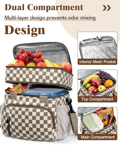 Insulated Lunch Bag for Women, Double Leakproof Lunch Box Soft Cooler Tote with 5 Pockets, 600D Oxford, EVA Lining, Adjustable Strap for Work, Picnic, Beach&Travel- Corduroy Khaki Checkered - color: Corduroy Khaki Grid, size: Double