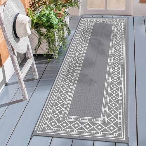 GENIMO Outdoor Rug Waterproof for Patio, 2.5'x8' Foldable Reversible Plastic Straw Runner Rugs and Carpet for Porch, Outside Area Mat for Rv, Deck, Picnic, Camper, Balcony, Beach, Grey & White - color: Grey & White | Natural, size: 2'6" x 8' (Runner)