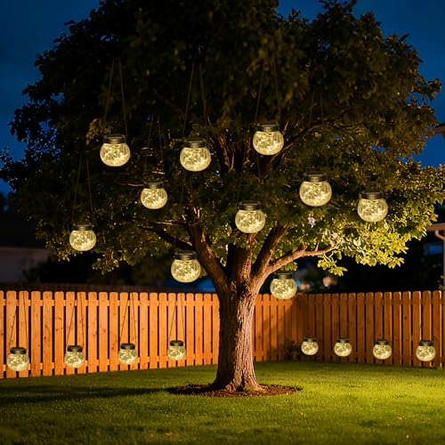 Kolpop Solar Lanterns Outdoor Waterproof 18 Pack, Hanging Solar Lights with 30 LED, Cracked Glass Hanging Globes for Garden Patio Fence Yard Christmas Tree Decoration, Warm White - color: Warm White, size: 18 Pack