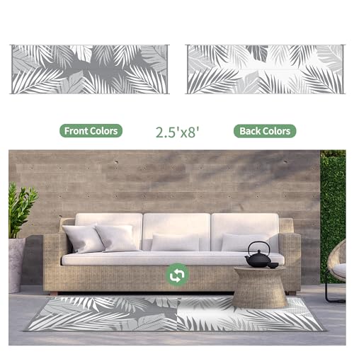 GENIMO Outdoor Rug 2.5' x 8' Waterproof for Patios Clearance, Reversible Outdoor Plastic Straw Hallway Runner Rug Carpet, Entryway Rugs Mats for Deck, Porch, Balcony, Camping, RV, Camper, Grey&White - color: Grey & White | Waterproof, size: 2'6" x 8' (Rec