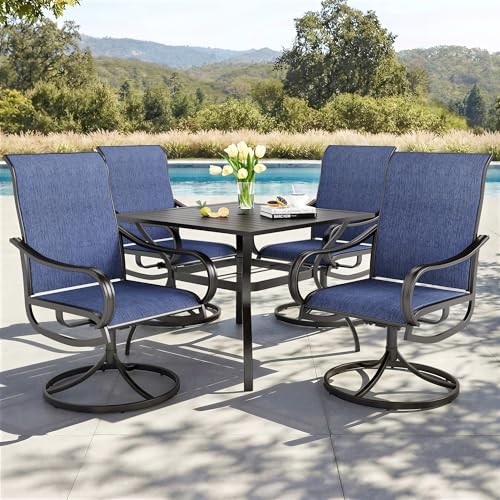 PHI VILLA 5 PCS Outdoor Patio Dining Set with Swivel Dining Chairs (Blue) and 37"x 37" Metal Steel Dining Table(1.57" Umbrella Hole), All Weather Patio Dining Furniture Set for Deck Lawn Garden - color: Blue Fabric, size: 37"L x 37"W x 28"H-5 Piece-Metal