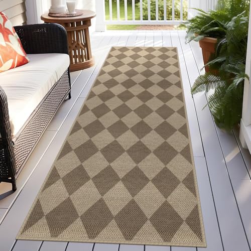 Rugalia Easy Jute Checkered Runner Rug, 2.6x8 Brown Modern Washable Rugs Runner for Hallway Non-Slip Kitchen Runner Rug, Geometric Diamond Indoor Outdoor Carpet for Porch Laundry Entryway - color: Brown Checkered, size: 2.6' x 8' (Runner)