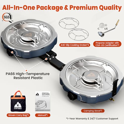 Cofiyard 20,000 BTUs 2 Burner Propane Camping Stove, Portable Folding Camp Stove with Adjustable Burners, Built-in Ignition and Carrying Bag, Dual Gas Stoves for Tailgating, Camping, BBQ Overland Grey - color: Overland Grey