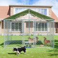10FT Large Outdoor Dog Kennel with Roof, Heavy Duty Dog Enclosure Kennel House w/Rotating Feeder, Galvanized Chain Link Dog Runs Pet Playpen with Waterproof UV-Resistant Cover and Secure Lock - size: 118"×118"×83"-w/rotating feeders