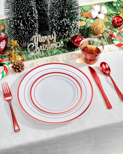 Goodluck 350 Piece Red Plastic Dinnerware Set for 50 Guests, Fancy Disposable Plates for Party, Include: 50 Dinner Plates, 50 Dessert Plates, 50 Pre Rolled Napkins with Silverware, 50 Cups - color: White Red, style: 350 Piece (50 guests)