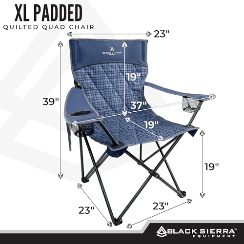 Black Sierra Quilted Padded Camping Chair, Oversized Heavy Duty Outdoor Lounge Seat Supports 300 lbs, Portable, Folding with Cup Holder for Beach, Tailgating, Sports, Patio - color: Blue Plaid