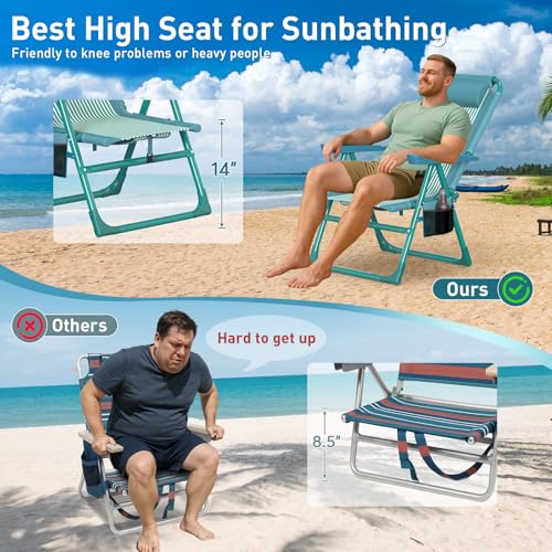 Suteck Backpack Beach Chair for Adults - 6-Position Folding Reclining Chair with Cooler Bag & Cup Holder, Lightweight Portable Beach Chair for Camping, Outdoor, Sand, Travel Use - color: Indigo White Stripes