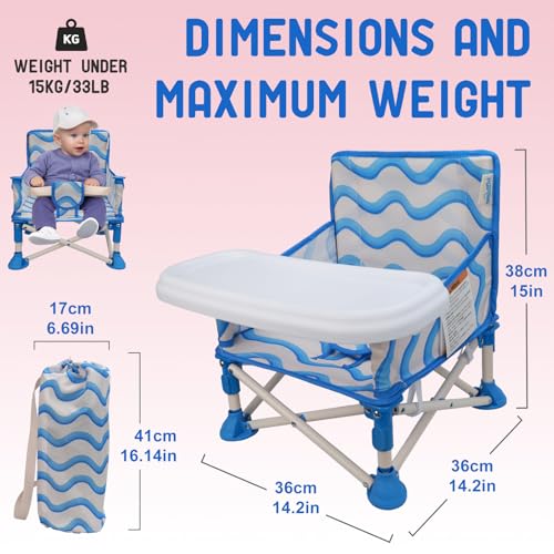 Tiny Marvels 3-in-1 Portable Baby Chair, Foldable Booster Seat with Removable Tray, Safety Harness & Carry Bag for Dining, Travel, Camping, Beach, 6M-3Y (Big Waive) - color: Big Waive