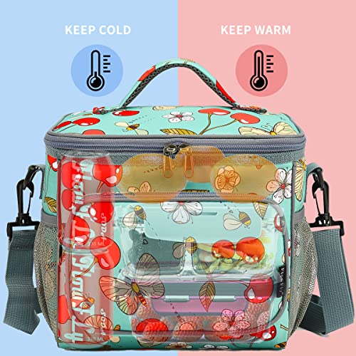 FlowFly Insulated Reusable Lunch Bag Adult Large Lunch Box for Women and Men with Adjustable Shoulder Strap,Front Zipper Pocket and Dual Large Mesh Side Pockets,Cherry - color: Cherry