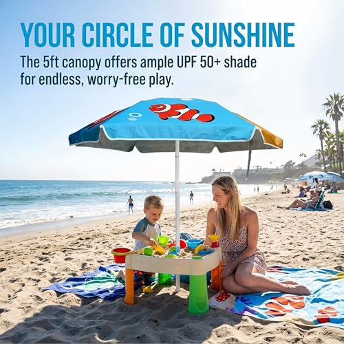LOTTAFUN Water Table Umbrella Kid 5ft Beach Umbrella - Heavy Duty Wind Resistant UV 50+ Portable Sun Shade with Sand Anchor & Carry Bag, Outdoor Folding Umbrella for Beach,Pool,Patio,Garden (Fish) - color: Clownfish
