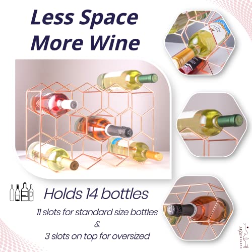 Gusto Nostro Countertop Wine Rack - 14 Bottle Freestanding Modern Metal Wine Rack - 3 Tier Tabletop Wine Holder Stand for Cabinet, Pantry Wine Bottle Storage - No Assembly Required (Small, Rose Gold) - color: Rose Gold, size: 14 Bottles