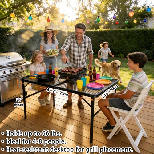 4 ft Folding Table with Metal Mesh Desktop, Grill Table Camping Table with Carry Handle,Adjustable Height (16.5" & 26"), Outdoor Table for Camp, Cooking, BBQ, RV, Picnic,Fits 4–8 People,Black - color: Black, size: Large 4Ft - 47.2"L x 23.6"W x 16.5"/26"H