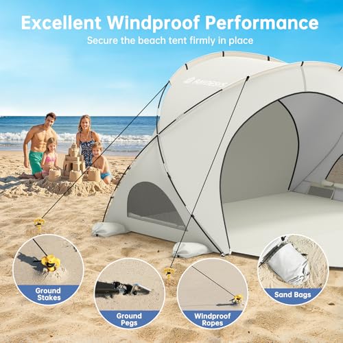 Raynesys Beach Tent Sun Shelter, Beach Shade Tent with UPF50+ UV Protection, Sun Shelter for 1-4 Person, Beaches Shade with 2 Zippered Doors, Portable Tents for Camping Fishing, Beige - color: Beige, size: For 4 Person