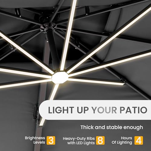 10 X 13 FT Cantilever Patio Umbrella with LED Lights Outdoor Heavy Duty Double Top Windproof Rectangle Offset Umbrellas with 360-degree Rotation for Pool Deck Backyard, Grey - color: Grey, size: 10' X13'-Weighted Base Not Included