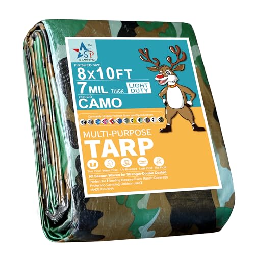 STARPYNG-7 Mil Camouflage 8x10 Feet Tarp-Multifunctional Camo Waterproof Tarpaulin-Waterproof, UV Resistant, Rip and Tear Resistant, Poly Tarpaulin with Reinforced Edges for Cover - color: Camo, size: 8x10ft