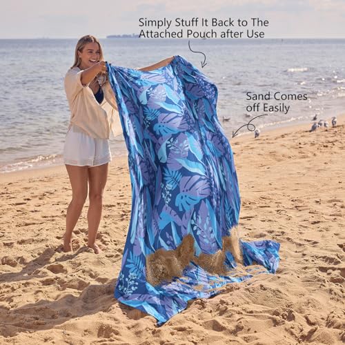 WEKAPO Beach Blanket Waterproof Sandproof Oversized, Extra Large Beach Mat Sand Free, Lightweight & Compact Sand Free Mat with 5 Stakes & 4 Corner Pockets - color: Blue Leaf, size: 9 x 8 FT (1～6 person)