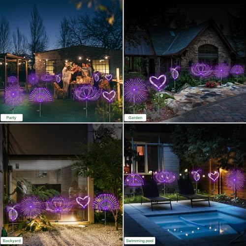 Slyuexu Solar Garden Lights Outdoor Waterproof, 2 Pack 120 LED Solar Firework Lights Decorative Garden Décor Outside for Flowerbed Pathway Party Christmas Decoration, Purple - color: Purple, size: 2 Pack