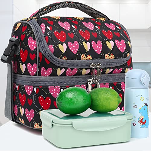 FlowFly Double Decker Cooler Insulated Lunch Bag Large Tote for Boys, Girls, Men, Women, With Adjustable Strap,Heart - color: Heart