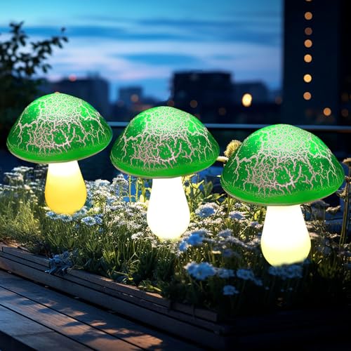 Solar Mushroom Lights Garden Decor 8 Green Crack Mushrooms Outdoor Decor Stake Lights Waterproof Solar Pathway Light Gardening Gifts for St Patrick's Day Easter Gnomes Yard Halloween Xmas Decorations - color: Green