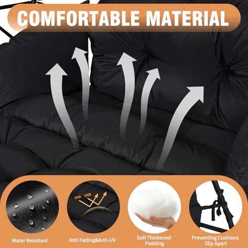 Double Egg Chair Outdoor with Stand & Canopy,Hanging Loveseat Hammock Swing Chair with Leg Rests & UV Resistant Cushion,Patio Swinging Chair,600LBS Capacity for Bedroom Balcony Garden - color: Double Chair & Footrest & Canopy, size: Black Frame&black Cush