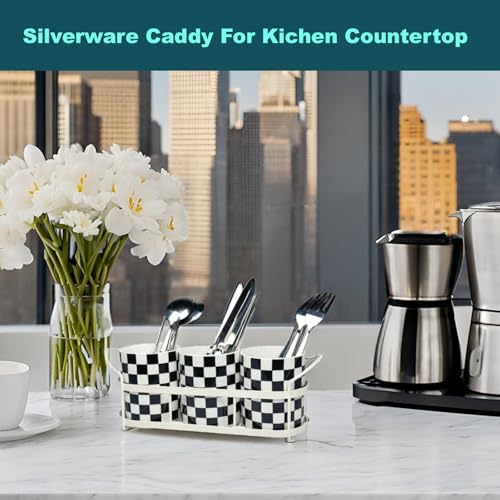 Silverware Caddy Countertop, Utensil Caddy For Party, Cutlery Flatware Organizer Storage, Spoon Fork Holder Basket for Parties Kitchen Coffee Bar Picnic Buffe-Ceramics Black and White Checkered