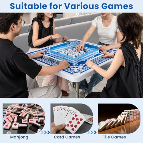 Goplus Mahjong Table, 35" Square Folding Card Table w/4Cup Holders, Anti Slip Mat, HDPE Tabletop, Metal Legs, Portable Mahjong Game Table for Domino Game, Picnic (Ocean Blue, Table w/Removable Mat) - style: Ocean Blue, Table w/Removable Mat