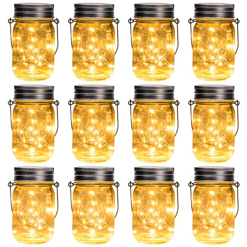 GIGALUMI Solar Mason Jar Lights, 12 Pack 30 Led String Fairy Lights Garden Lights Outdoor Waterproof Hanging Solar Lanterns for Outdoor, Garden, Patio, Lawn, Balcony Decoration - size: 12 Pack