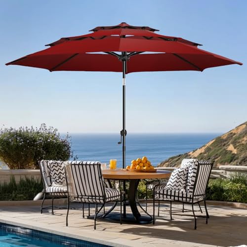 wikiwiki 10 FT Patio Umbrellas 3-Tiers Outdoor Table Market Umbrella with Push Button Tilt/Crank, Fade Resistant Waterproof POLYESTER DTY Canopy for Garden, Lawn, Deck, Backyard & Pool, Dark Red - color: Dark Red, size: 10 FT