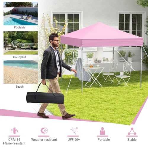 LDAILY 6.6 x 6.6 Ft Pop Up Canopy, Portable Canopy Tent Heavy Duty Instant Canopy w/Center Lock, 8 Stakes, 4 Ropes, Carry Bag, Sun Protection, Easy Up Outdoor Canopy for Party, Camping, Patio (Pink) - color: Pink