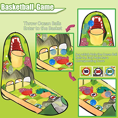 unanscre 3 in 1 Bean Bag Toss Game Toy Outdoor for Kids, Dinosaur Foldable Cornhole Board with Pop Up Basketball Game and Dartboard Set, Gift for Birthday/Xmas Party, Outside Toys for Toddlers Age 3+