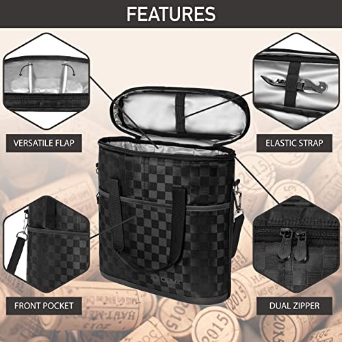 Opux 3 Bottle Wine Carrier Tote, Insulated Leakproof Cooler Bag for Picnic, BYOB Beach, Portable Wine Bottle Case - color: Black Square