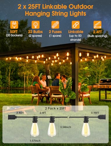 Larkvue 50FT(2x25FT) Outdoor String Lights, Patio Lights with 20+2 LED Dimmable Waterproof ST38 Vintage Bulbs for Backyard Bistro Cafe Deck, Black - color: Black, size: 50FT