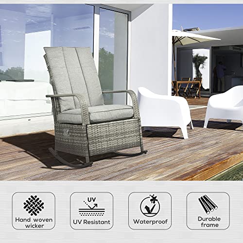 Outsunny Wicker Outdoor Rocking Chair, Patio Recliner with Adjustment Backrest, PE Rattan Lounge Chair with Adjustable Footrest and Cushions for Garden, Backyard, Porch, Gray - color: Grey