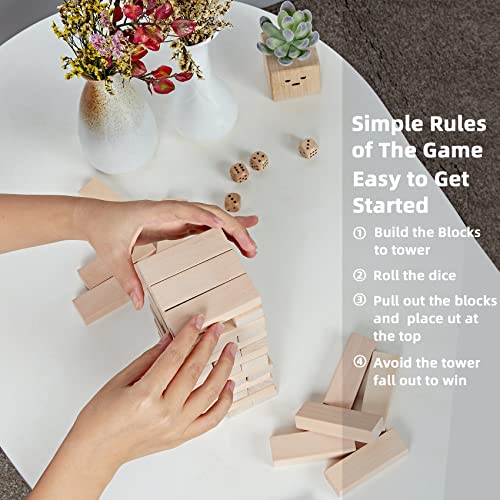 SpeedArmis Mini Tumble Tower, 54PCS Wooden Stacking Game for Teens - Pine Stack Timber Board Games with 4 Dice Set - Classic ‌Xmas Gifts for Teens - size: Stack To Over 1.5FT