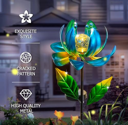 Solar Yard Lights Wind Spinners- Metal Lotus Flower Garden Decor LED Crackle Glass Globe Yard Art Sculpture Solar Stake Lights for Patio Pathway Lawn Walkway - color: Blue
